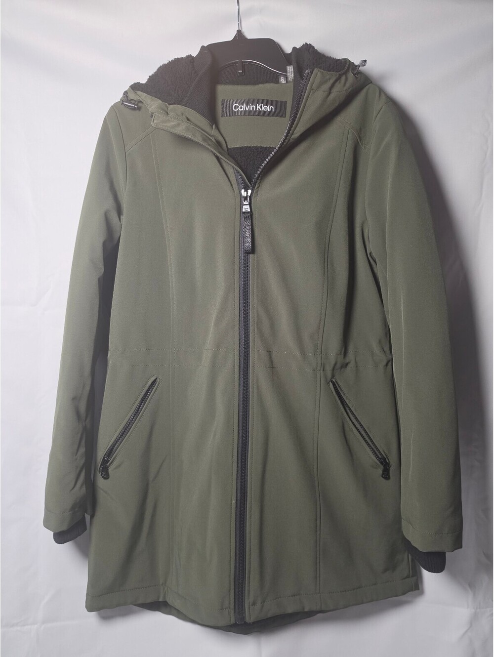 Calvin Klein Women's Olive Green Hooded Winter Coat with Sherpa Lining Size M